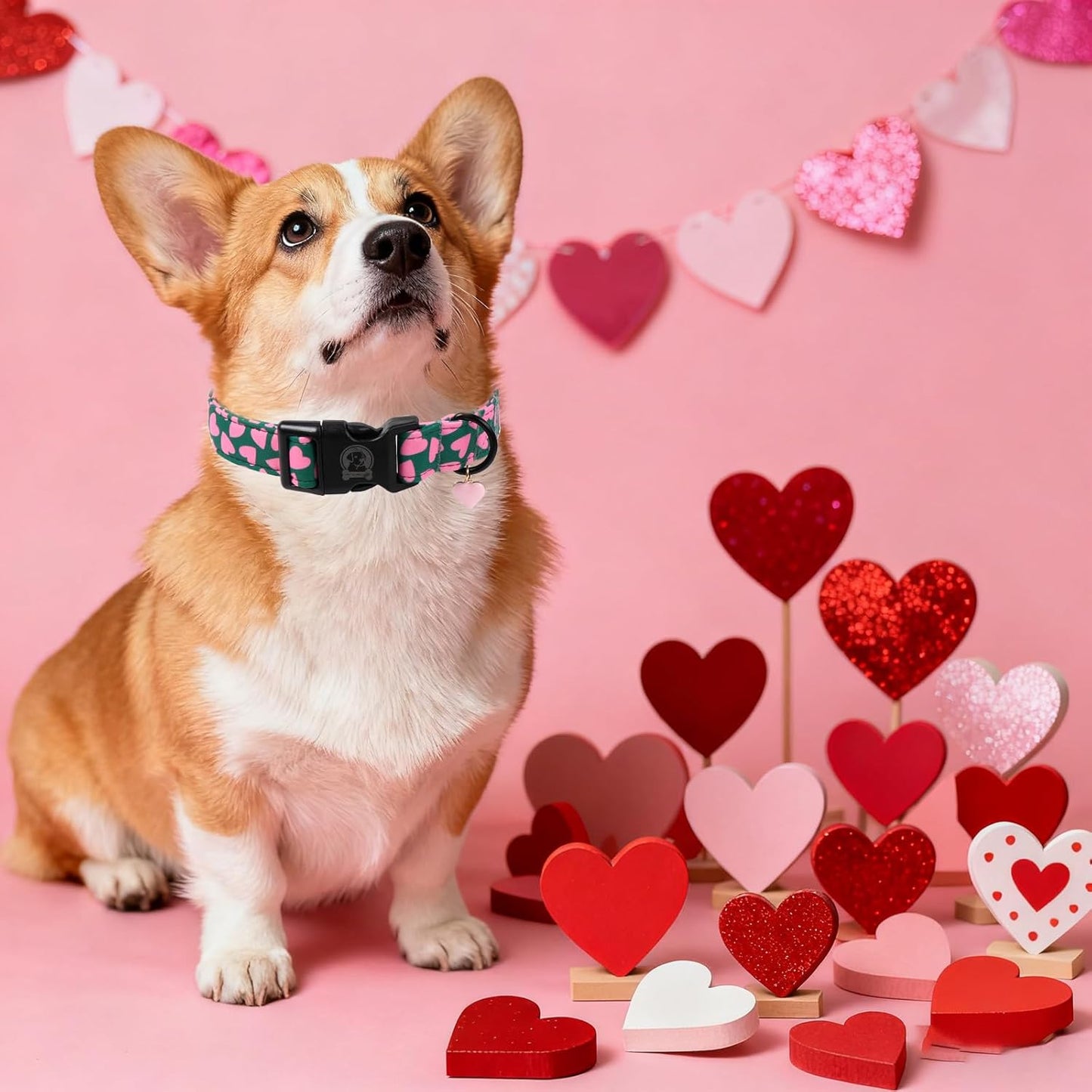 Valentines' Green Dog Collar, Cute Pink Heart Puppy Collar, Adjustable Female or Male Cotton Pet Collar, Quick Release Buckle for Small Medium Large Dog