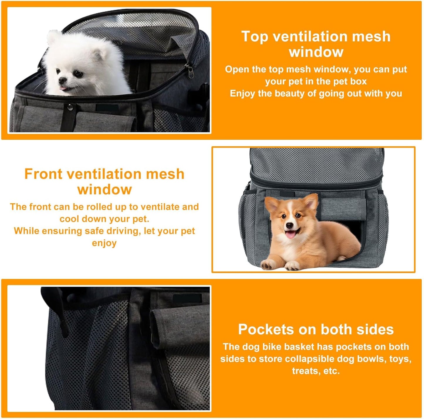 Dog Bike Basket Carrier, Foldable Soft-Sided Pet Carrier Backpack with Mesh Windows, Pet Travel Bag,Dog Backpack Carrier Safe and Easy for Small Medium Cats and Dogs (Grey)