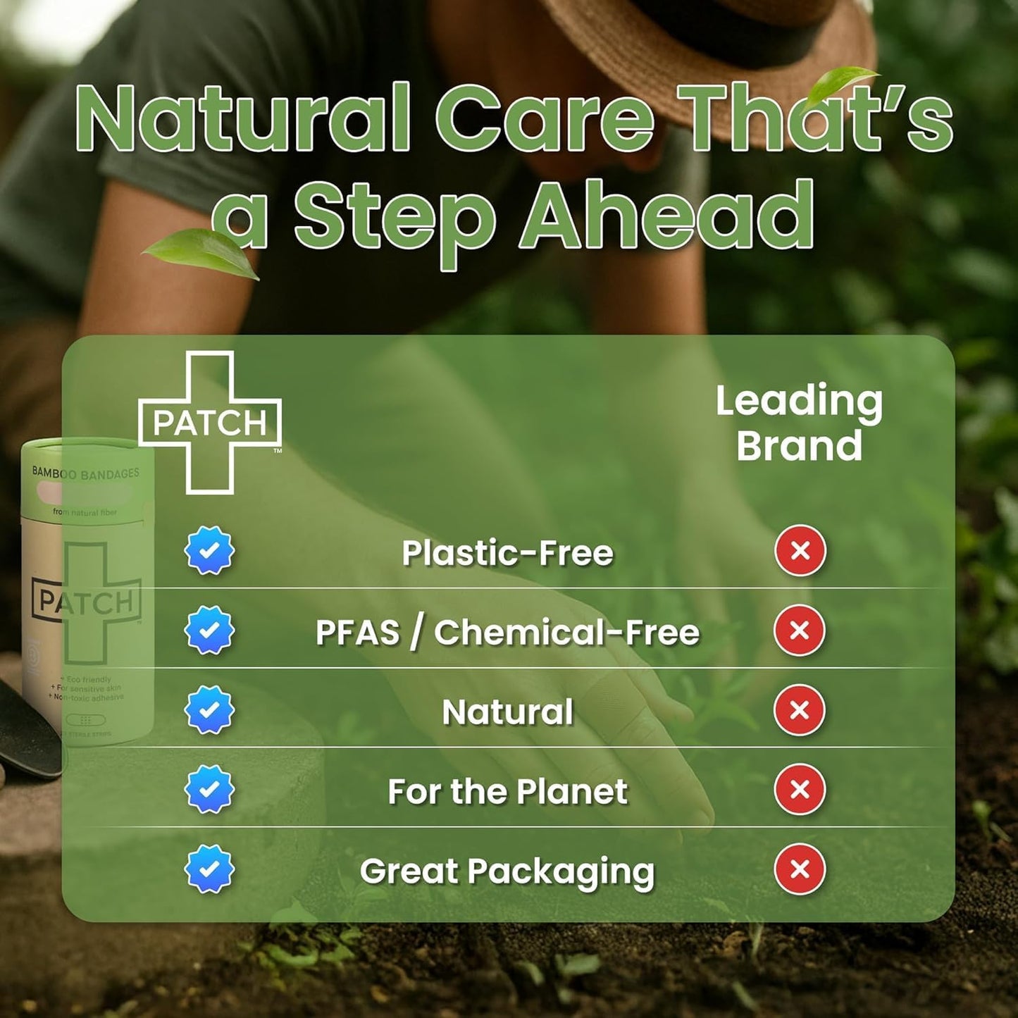 PATCH Natural Eco-Friendly Bamboo Adhesive Sensitive Skin Bandages, Hypoallergenic Bandages for Sensitive Skin, Compostable, Biodegradable, Latex Free and Plastic Free, 20pk