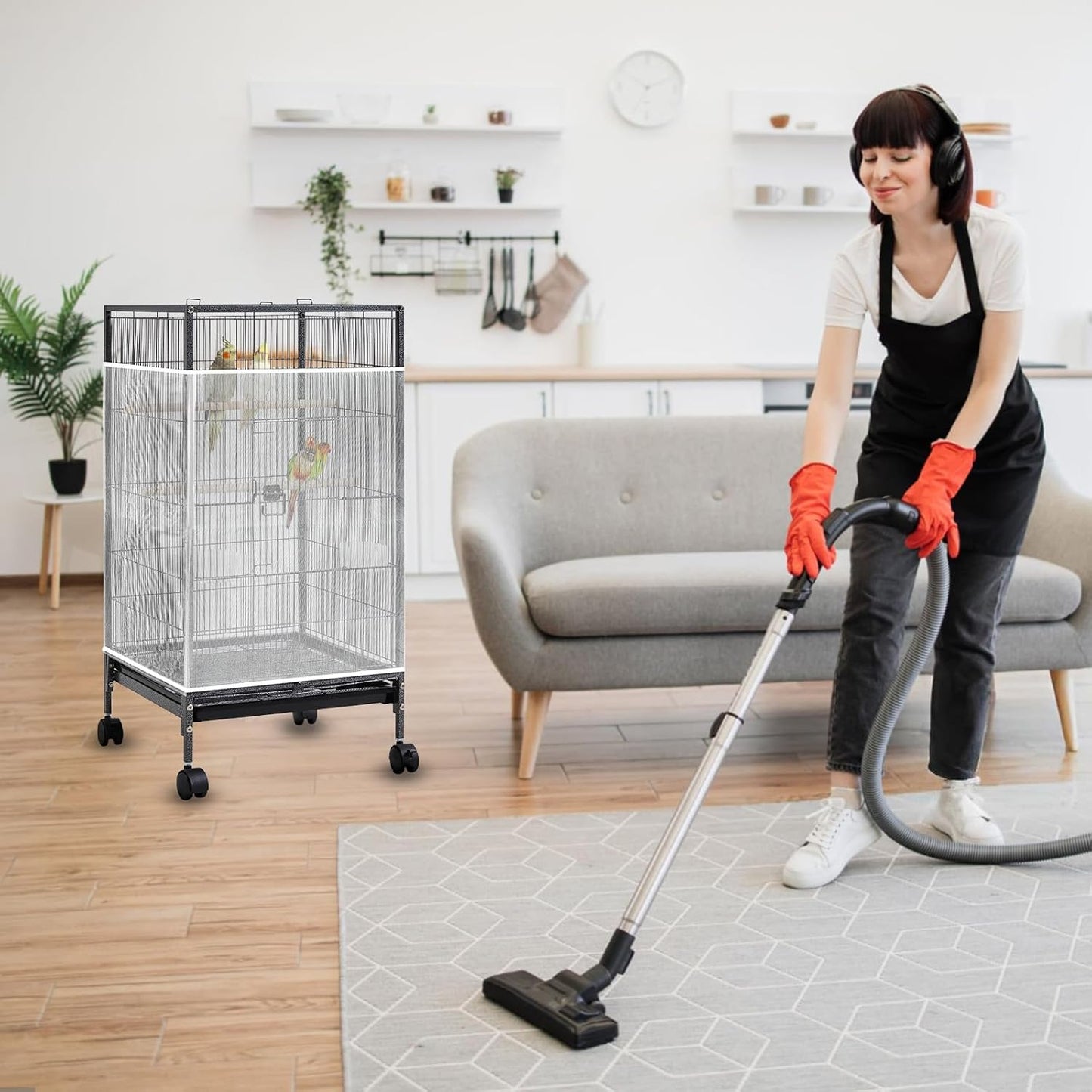 Universal Bird Cage Seed Catcher, White Adjustable Bird Cage Net Cover, Stretchy Lightweight Band Skirts Mesh Cover for Parrot Cages Stops Scatter, Breathable & Reusable