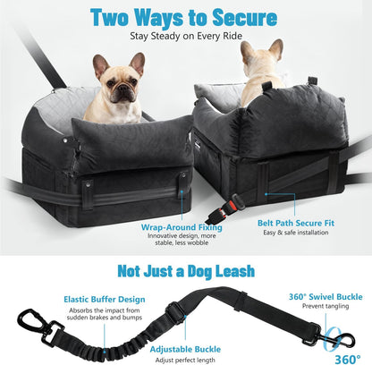 EASTBLUE Dog Car Seat for Small Medium Dogs Up to 35 lbs, 2 Memory Foam Pads Dog Booster Car Seat with Seat Belt, Washable Pet Carseat for Puppy & Cat, Dogs Travel Bed for Cars (Black/Grey-Velvet)