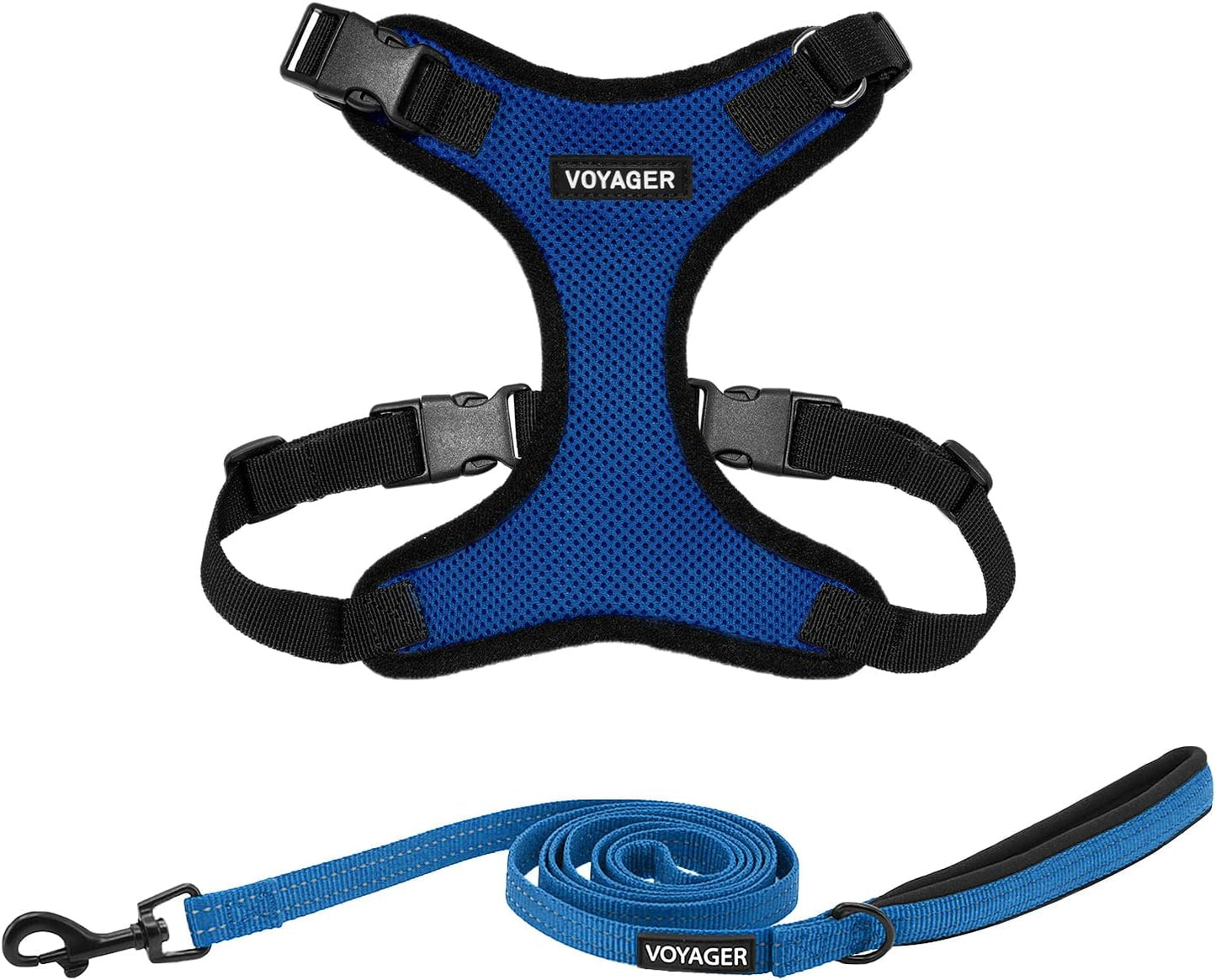Best Pet Supplies Voyager Step-in Lock Pet Harness w Reflective Pet Leash Combo Set with Neoprene Handle 5ft - Supports Small, Medium and Large Breed Puppies/Cats - Royal Blue/Black Trim Set, M