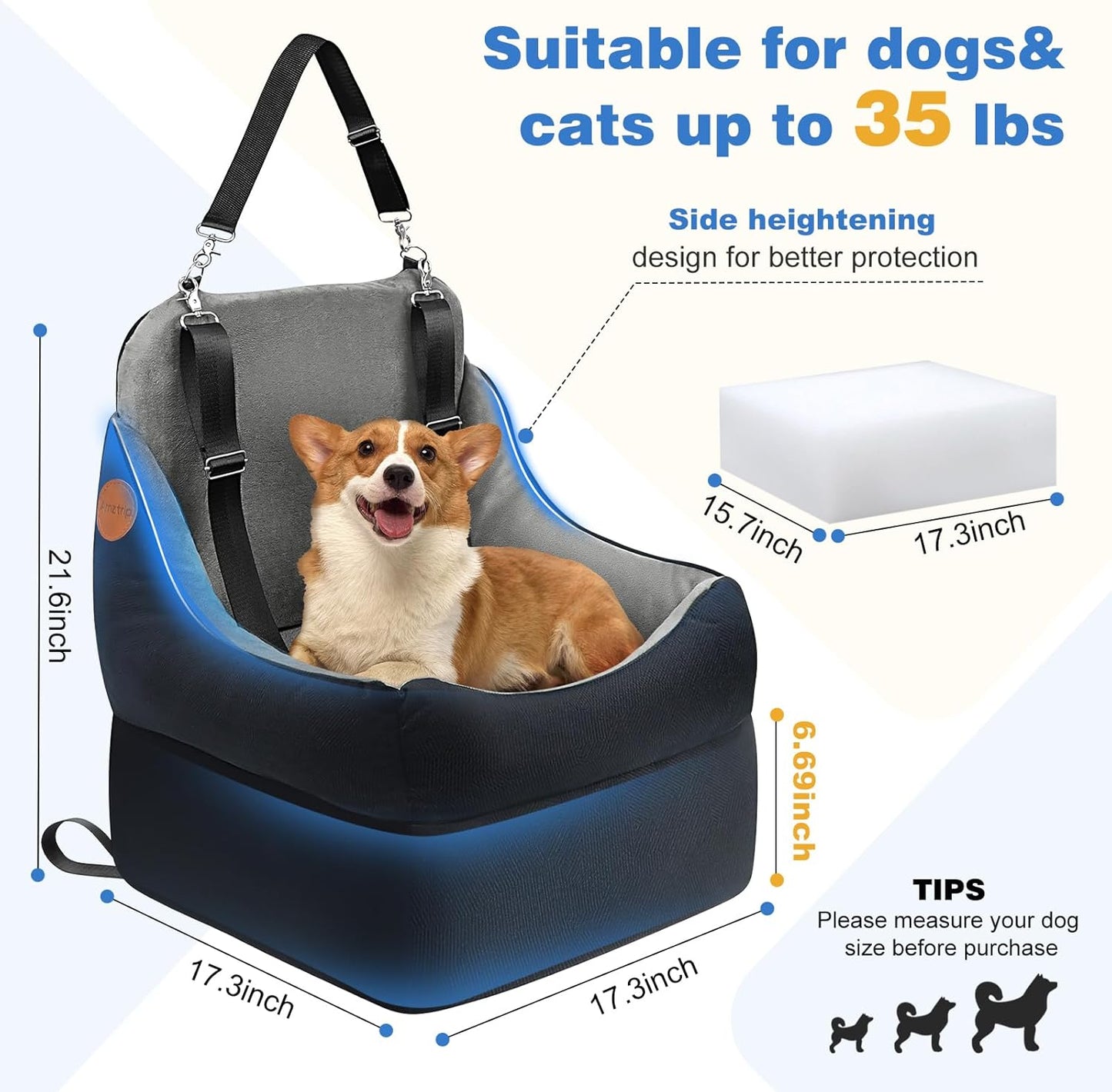 Pet Travel Car Seat for Dogs & Cats - Memory Foam Dog Booster Seats with Thick Cushion for Medium Dogs
