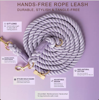 Dog Rope Leash + Crossbody Treat Bag with Poop Bag Dispenser - 44 LBS /6FT Medium Size Leash - Purple Daisy Dream