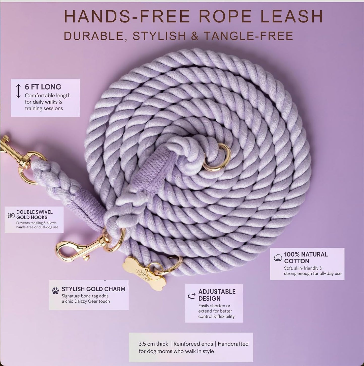 Dog Rope Leash + Crossbody Treat Bag with Poop Bag Dispenser - 44 LBS /6FT Medium Size Leash - Purple Daisy Dream