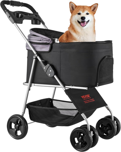 VEVOR Pet Stroller, 35 lbs Weight Capacity, Foldable Dog Stroller Cart, 4 Wheels Cats Strollers with with Detachable Carrier & Mesh Windows, Portable Design with Brake for Small to Medium Pets
