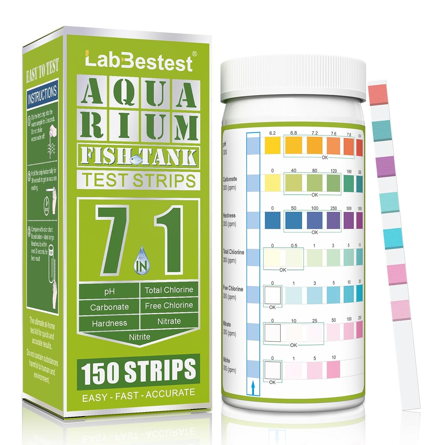 Aquarium Test Strips - Aquarium Water Test Kit - 150 Fish Tank Testing Strips for Freshwater - Pond Water Tester Kits - Rapid Accurate Easy to Test pH, Carbonate, Hardness, and More (7-Way)
