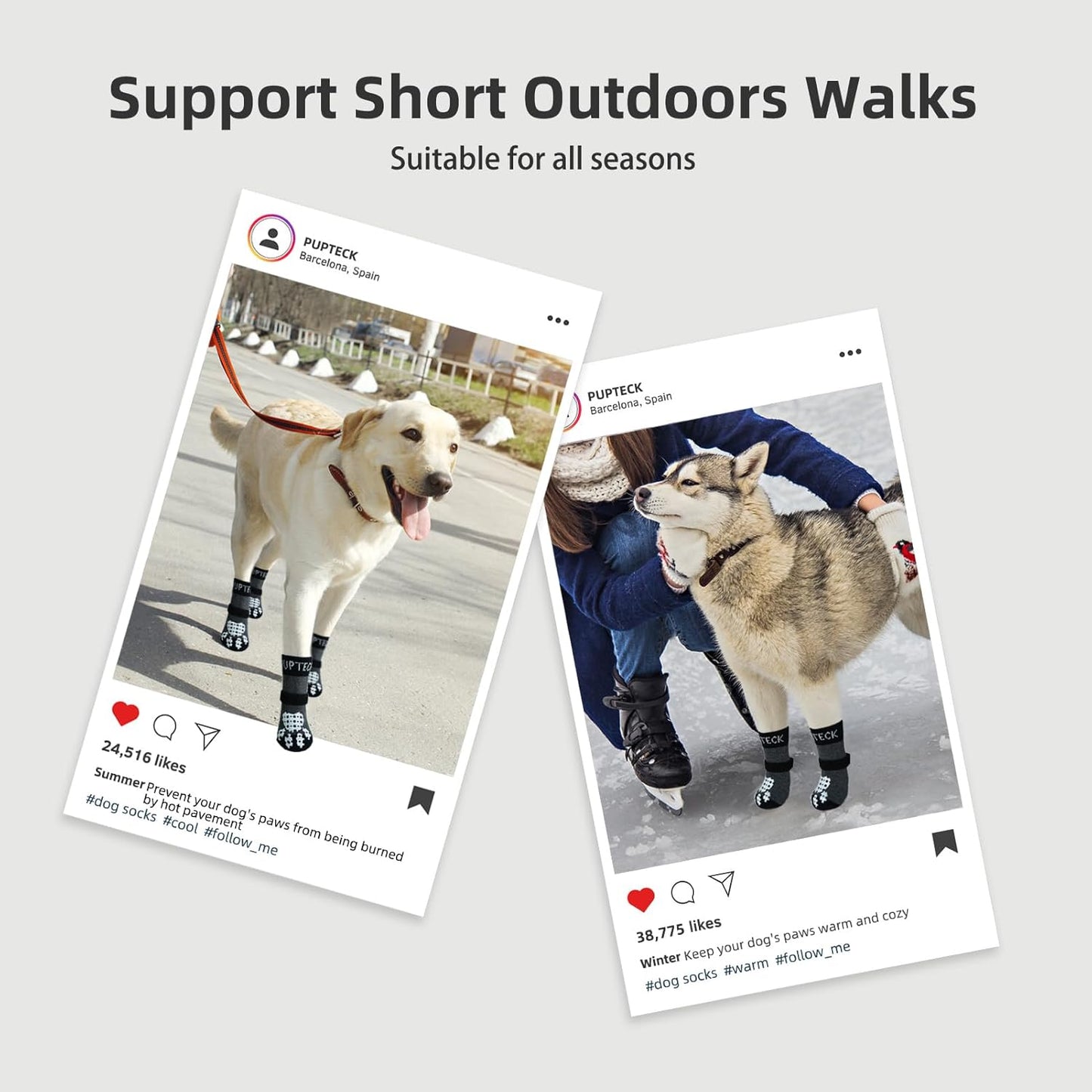 PUPTECK Anti-Slip Dog Socks with Double Sides Grips for Small Medium Large Dogs Hardwood Floors Prevents Licking, Dog Shoes for Hot Pavement Traction Control Paw Protector for Senior Dogs, Grey L