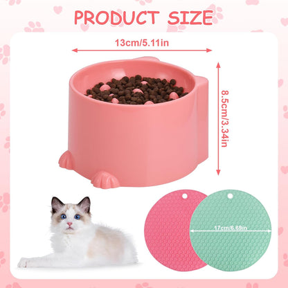 2 Pcs Raised Slow Feeder Cat Bowl, Plastic Elevated Cat Slow Feeder Bowl with Anti-Skid Mat, Raised Slow Cat Feeder for Dry and Wet Food (Green＆Pink)