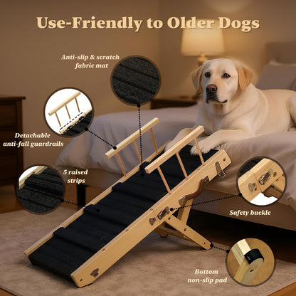 2025 Small Dog Ramp for Small Dogs Cat with Removable Safety Side Rails,Adjustable Height from 9'' to 18.5",Foldable Dog Ramp for Low Bed Sofa,Wooden Pet Ramps for Bed Couch