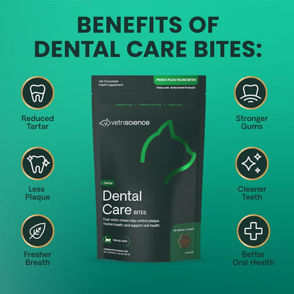 VetriScience Perio Plus Cat Teeth Cleaning Bites - Advanced Cat Breath Freshener - Dual Action Cat Dental Care Formula for Plaque Control & Fresh Breath, 60 Chews, Chicken Flavor