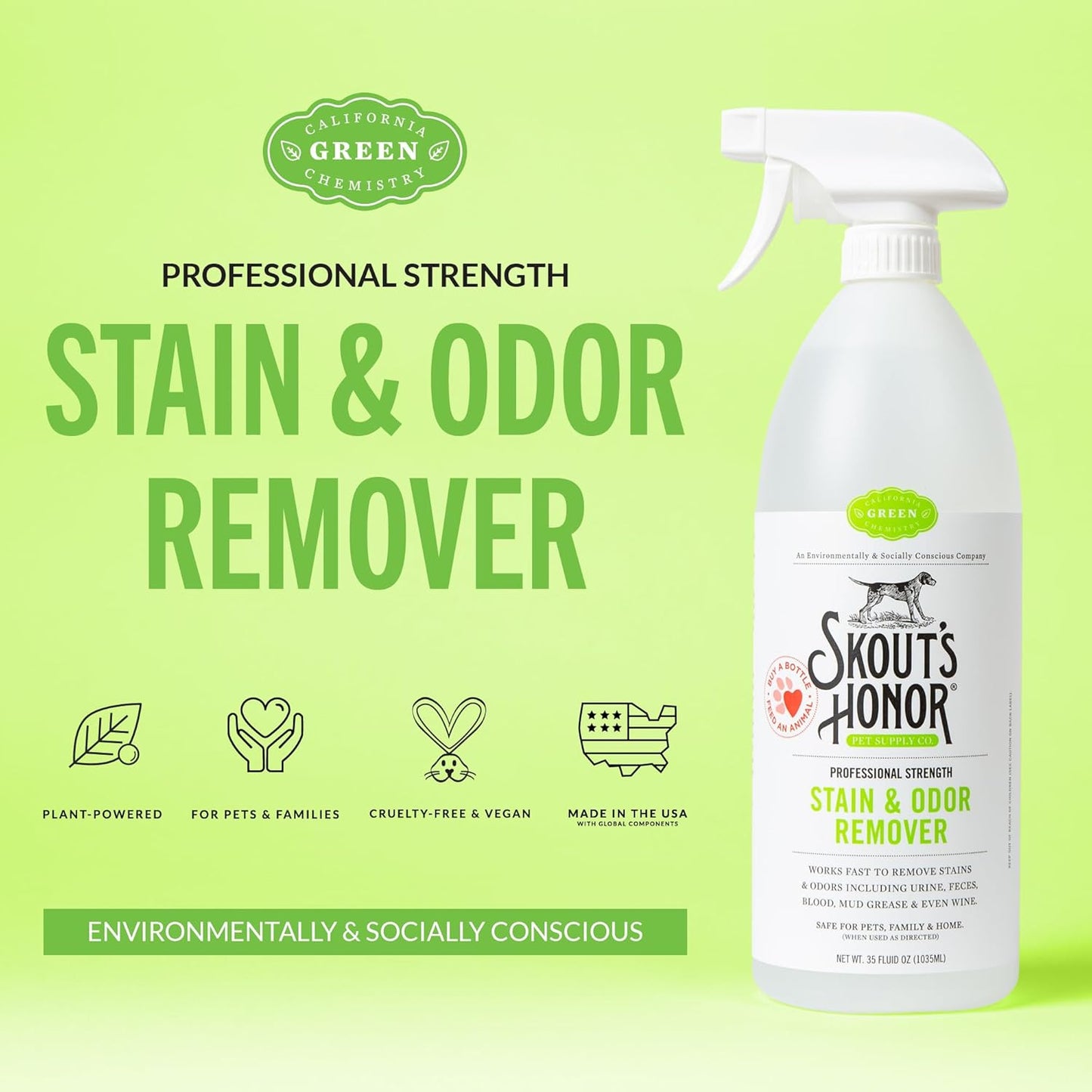 SKOUT'S HONOR Pet Stain and Odor Remover - Powerful Cleaner for Dog Urine, sweat, and other messes, Destroys and Removes Odor and Stain Molecules, Eco-Friendly Formula for Carpets and Home, 35oz