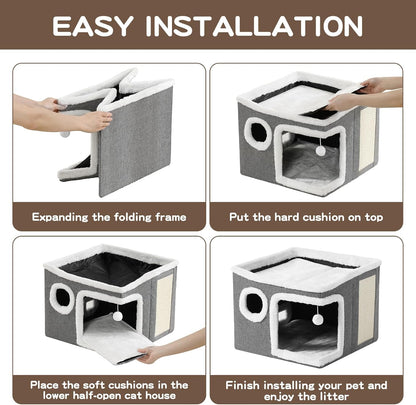 Cat Houses for Indoor Cats - Large Cat Bed Cave with Scratch Pad and Fluffy Ball, Foldable Cat Hideaway, Kitten Bed with Cozy Condo, 16.5x16.5x13 inches, Grey (Grey, Large)