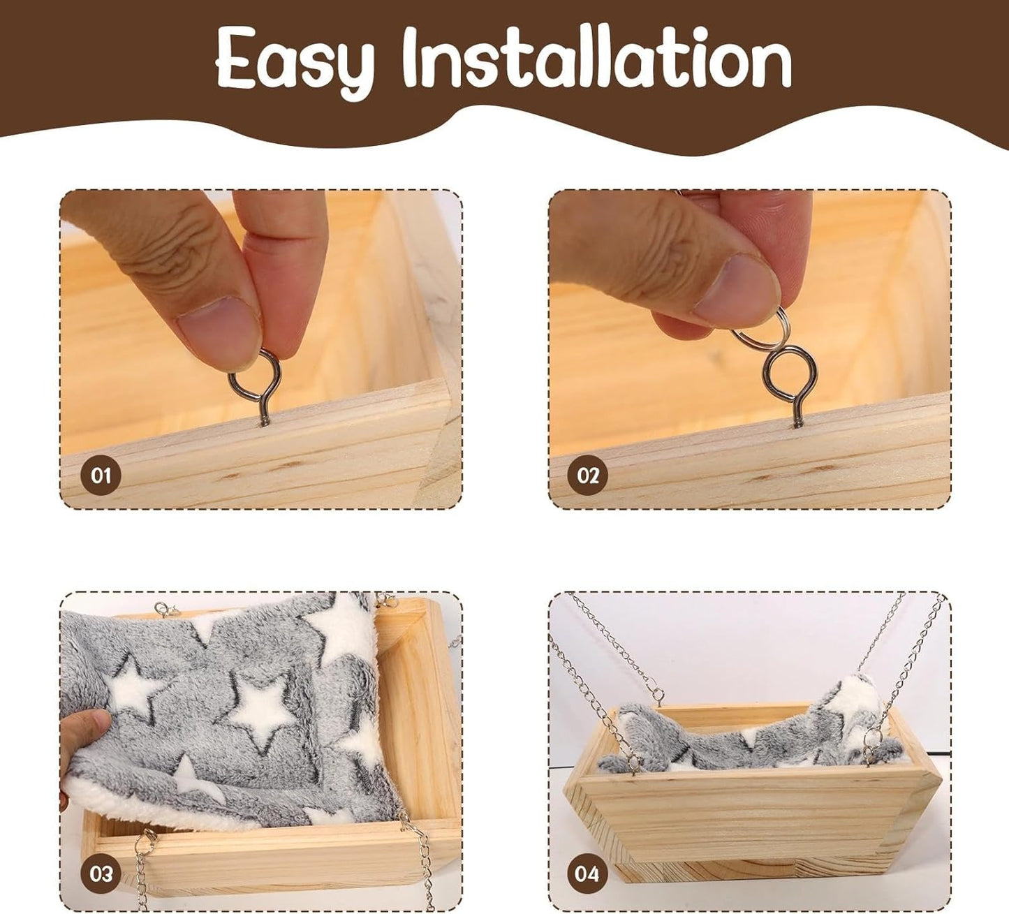 Large Wooden Hanging Bed with Soft Plush Mat for Chinchilla, Hammock for Rat Cage, Guinea Pig Ferret Swing, Small Animal Cage Accessories Resting Nest