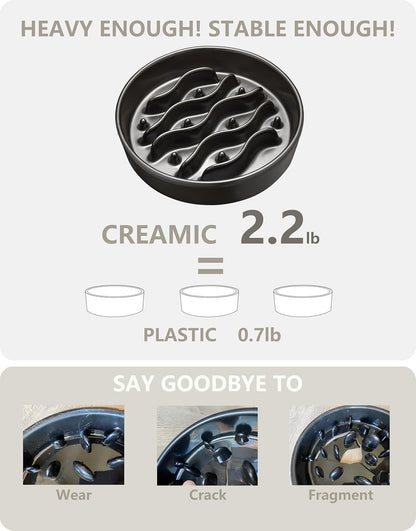 Ceramic Slow Feeder Dog Bowls for Medium and Large Dogs, 2.0 Cups Dog Slow Feeder for Fast Eater, 30oz, 8in, Black