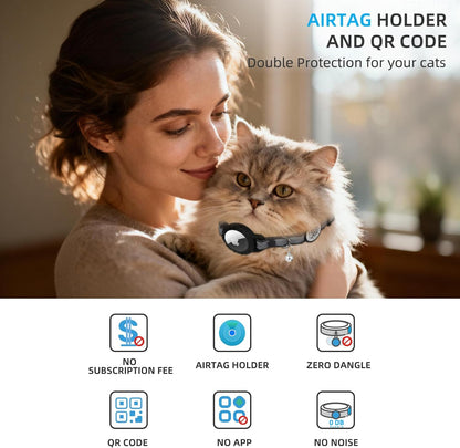 Airtag Cat Collar Breakaway with QR Code Name Tag, Reflective cat Collar airtag Holder with Bell, Cat ID Tag Personalized, Ultra-Durable, Adjustable, Quick Release, Fits Small Large Cats, Black