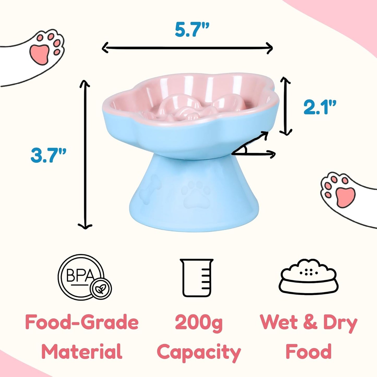 Detachable Slow Feeder Cat Bowl, Unbreakable Elevated Cat Bowls - Heavy Weighted, Tilted Raised Slow Feeder, Non-Slip Small Dogs Slow Feeders Bowl, Dry & Wet Food, Whisker Friendly (Pink, 5.8"