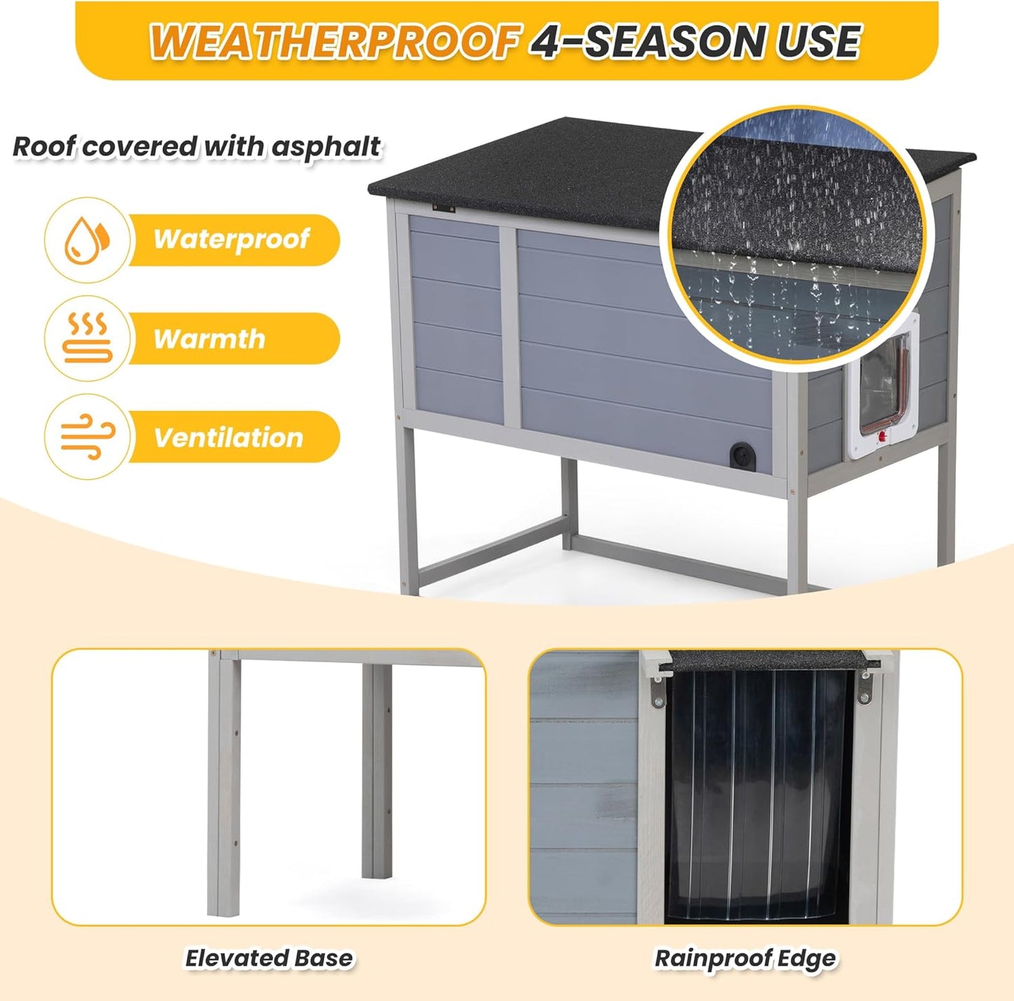 Insulated Warm Outdoor Cat House & Condos, Raised Weatherproof Kitten Shelter for Outside with All-Round Foam, Feral Cat Wooden Enclosure for Small Medium