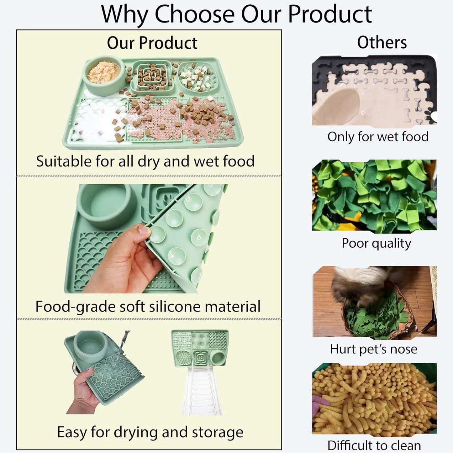 Licking Pad Mats 6 in 1 Green for Butter Yogurt Peanut Frozen Food, Dog Slow Feeder Puzzle Bowl, Silicone Anti-Slip Pets Treats Feeding Mat, Collapsible Dog Water Bowl