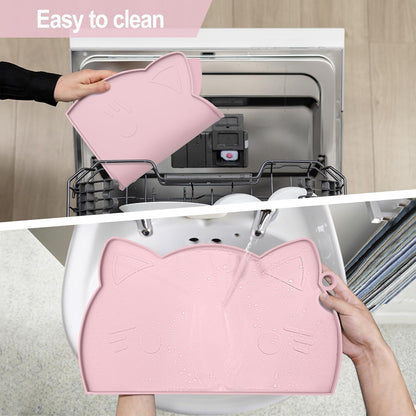 Coomazy Cat Food & Water Mat, Thicker Non-Slip Silicone Mat with Raised Edge (Pink, Medium)