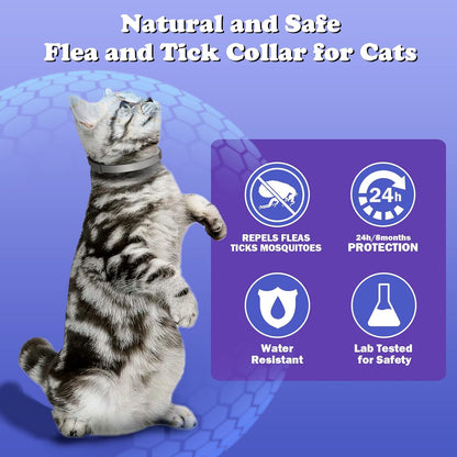 Flea and Tick Collar for Cats 2 Pack, 8-Month Plant-Based Formula with Natural Essential Oils, Waterproof and Comfortable Fit, Comes with Free Comb