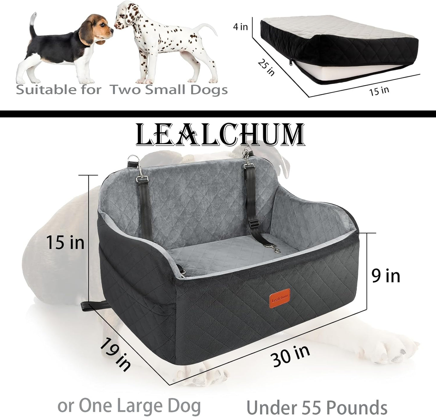 Dog Car Seat Up to 55lb,2 Clip-On Safety Adjustable Leashs Car Dog Bed for 2 Small Dogs,Fully Detachable and Washable Pet Car Seat with 2 Storage Pockets,Easy to Install(Black/Grey, Large)