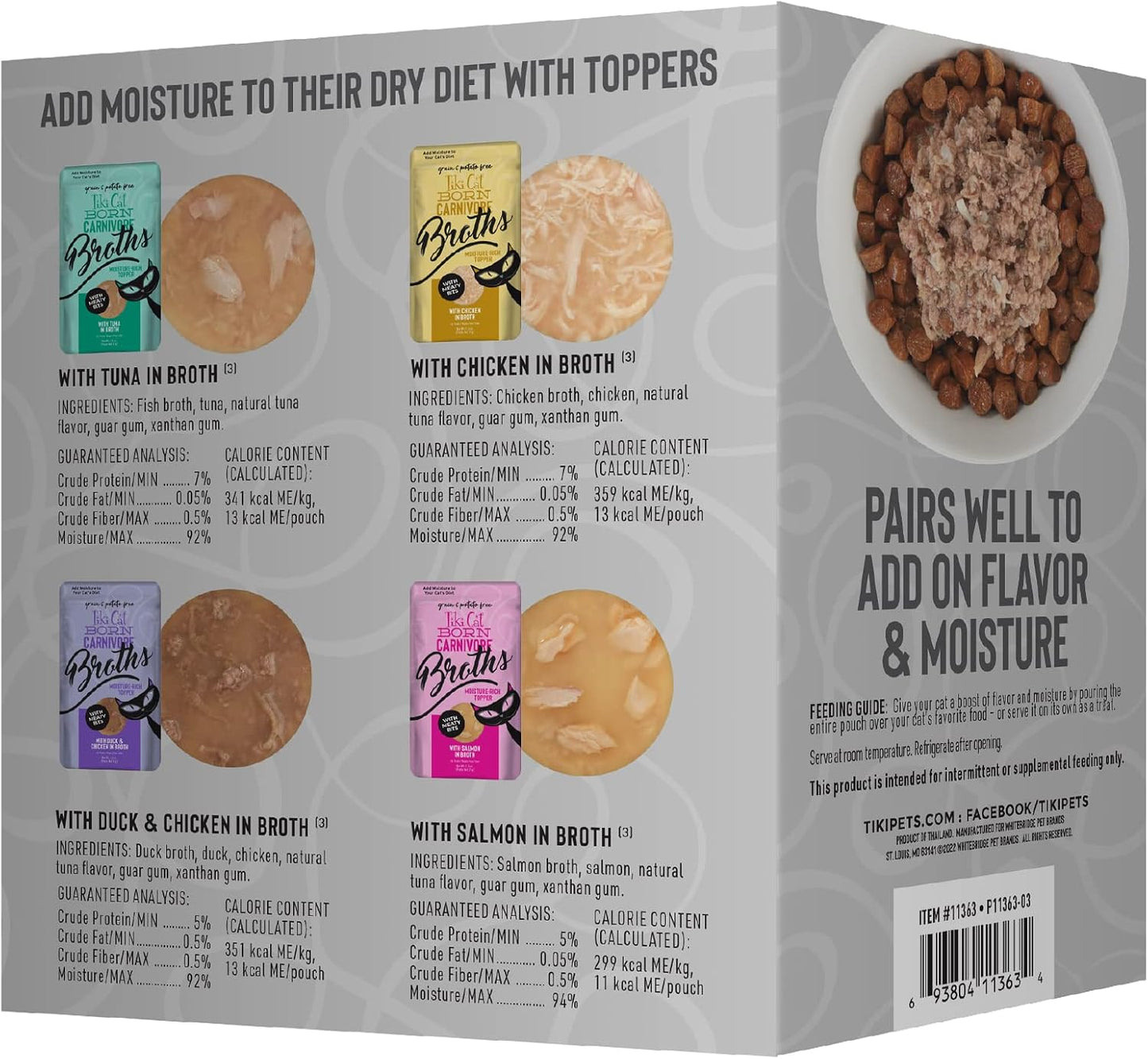 Tiki Cat Born Carnivore Broths Variety Pack, Meaty Bites, Hydration and Flavor Supplement Wet Cat Food Topper, 1.3 oz. Pouch (Pack of 12)