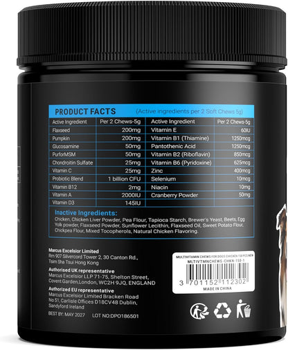 Dog Vitamins and Supplements - 150 Dog Multivitamin Chewable - Immune, Joint Support, Skin, Gut Health + Packed with Omega 3s, Glucosamine & Probiotics - Safe for Puppy - Chicken