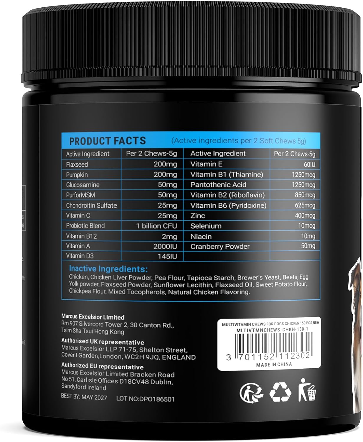 Dog Vitamins and Supplements - 150 Dog Multivitamin Chewable - Immune, Joint Support, Skin, Gut Health + Packed with Omega 3s, Glucosamine & Probiotics - Safe for Puppy - Chicken