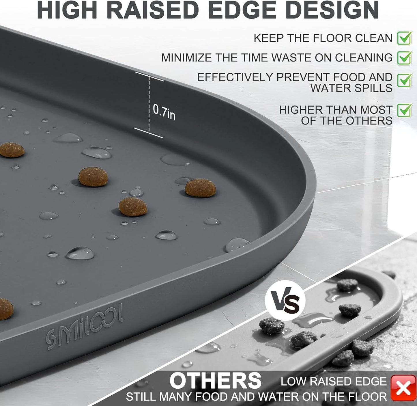 Small Silicone Pet Food Mat with Raised Edge for Food and Water Bowl, Square Dog Feeding Mats, Cat Food Trays for Floor Waterproof, Rubber Tray for Dogs and Cats, 12 x 12 x 0.7 Dark Grey