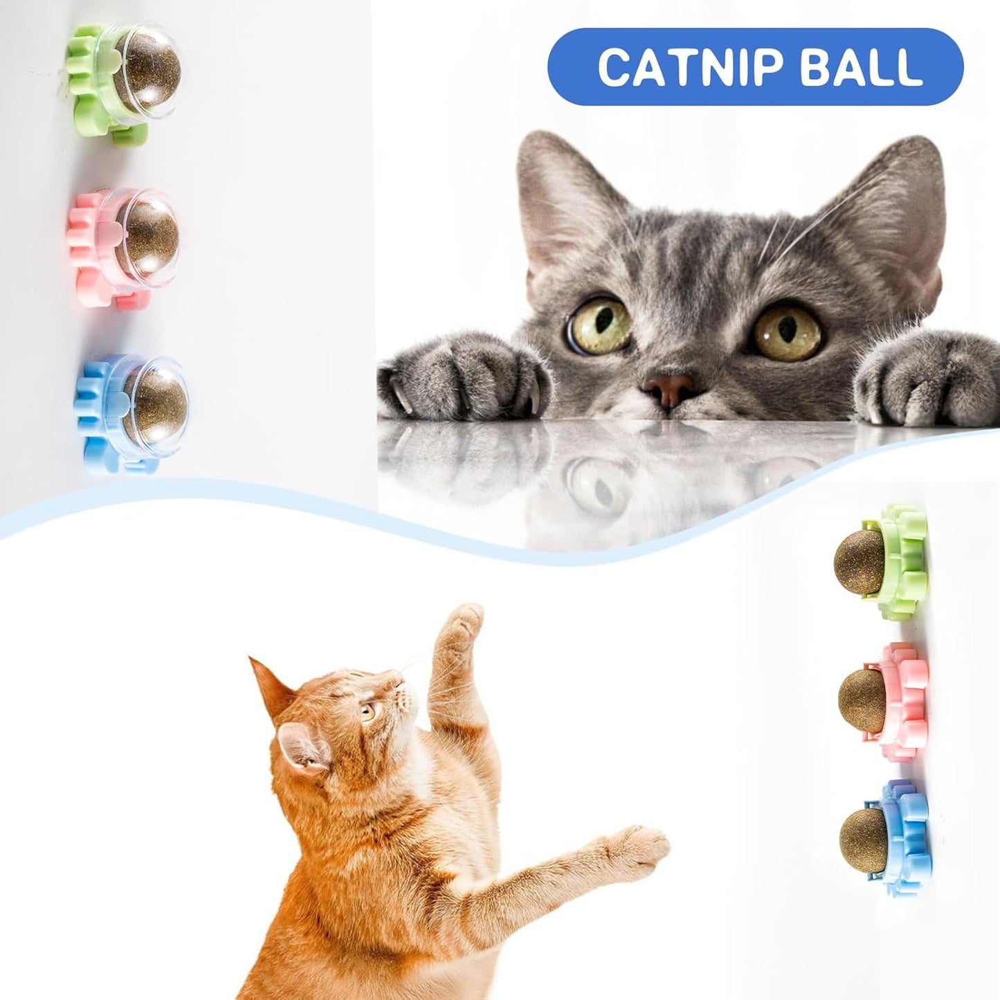 Catnip Balls Wall Interactive Toys Ball 360° Balls for Cats Cat Nip Catnip Toy Anxiety Relief Indoor Edible Cat Nips Organic Ball Rotatable Play Chew Teeth Cleaning 4 Pack