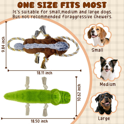 Interactive Dog Toys,No Stuffing Squeak Dog Toy for Large Dogs.Plush Dog Toy for Puppy, Small, Medium, Large Dog,Not for Aggressive Chewers(Rope Crocodile&Honey Badger)
