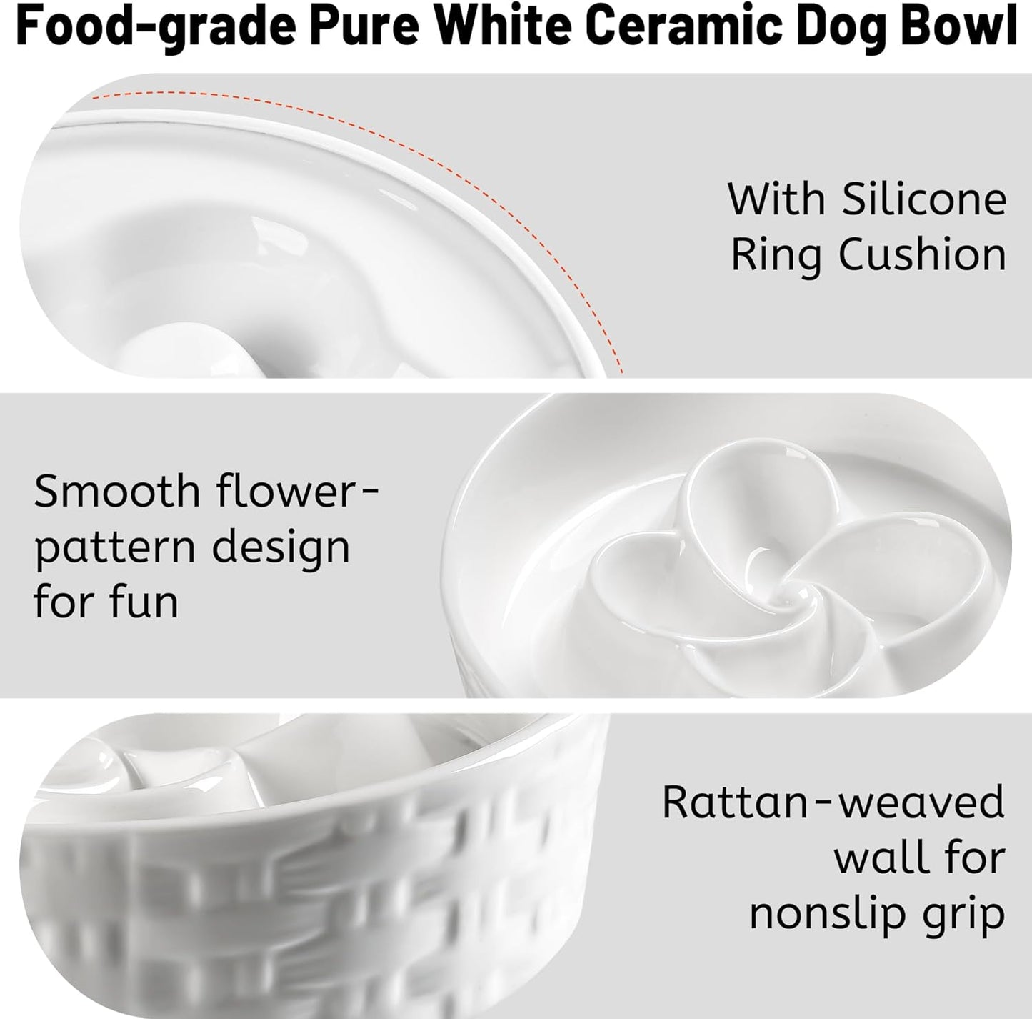 Slow Feeder Dog Bowls, Non Slip Ceramic Dog Bowl with Silicone Base, Slow Eating and Water Drinking Bowls, Heavy Food Bowl for Medium and Large Breed(White, 8")