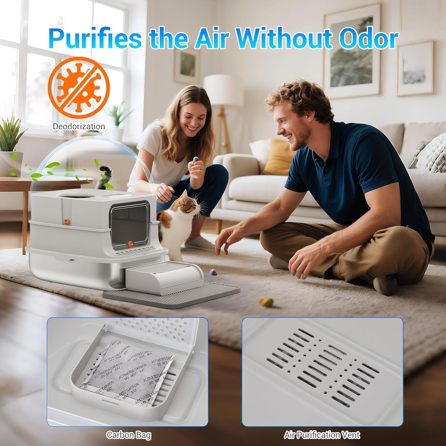 Stainless Steel Cat Litter Box, Enclosed Top Entry with 180° Flip Lid, XL Large Anti-Leak Litter Pan for Big Cats, Odor-Proof & Easy Clean, Includes Scoop (Grey)