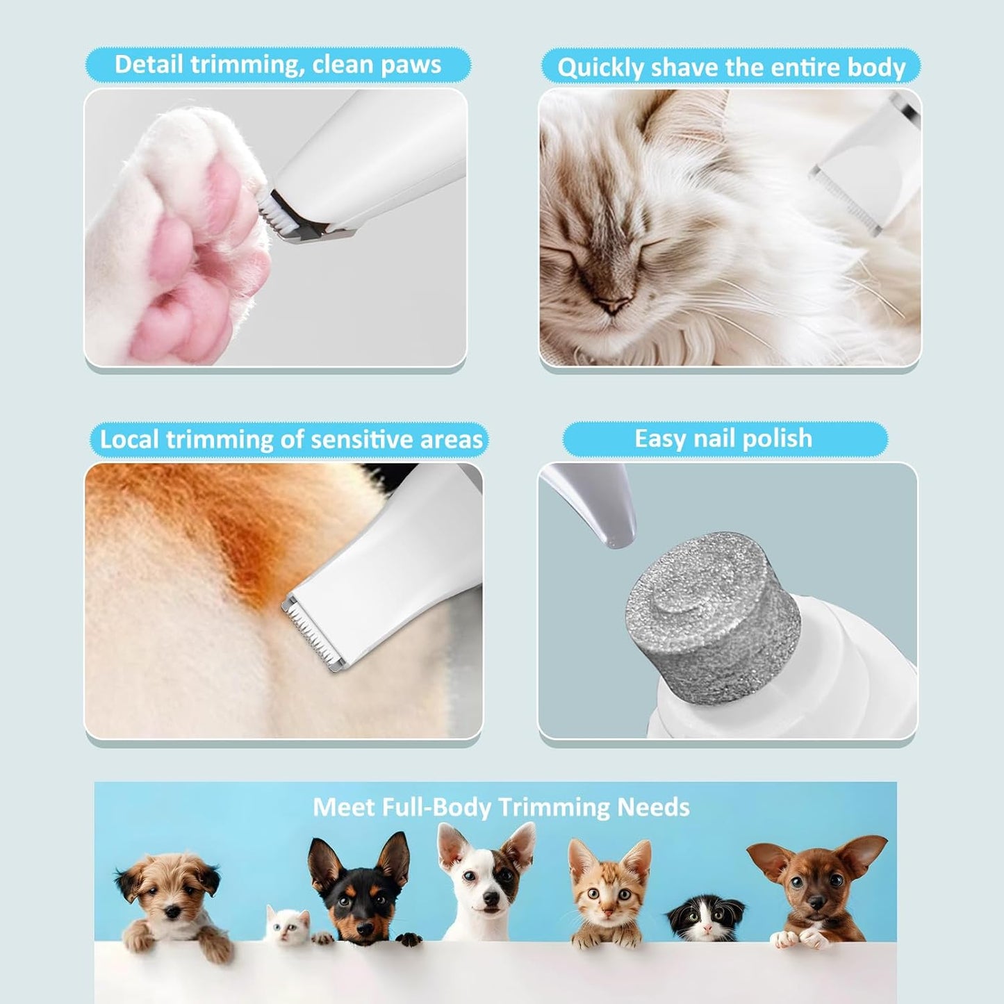 Dog Clippers for Grooming, 4 in 1 Dogs Paw Trimmer Pet Grooming Kit, Low Noise Dog Shavers with Nail Grinder Quiet, Rechargeable Cordless Electric Pets Clippers, 2-Speed Pet Hair Trimmer for Dogs Cat