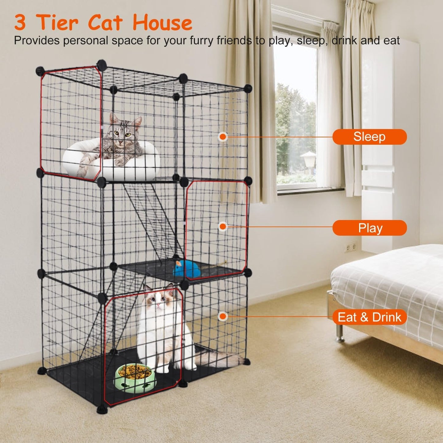 Large 3-Tier Cat Cage, Indoor Cat Enclosures Pliable DIY Cat Playpen, Detachable Metal Wire Kennels Cat Crate Box House with 3 Doors 2 Ramp Ladders for 1-2 Cats, 28.3"L x 14.1"W x 42.2"H,Black