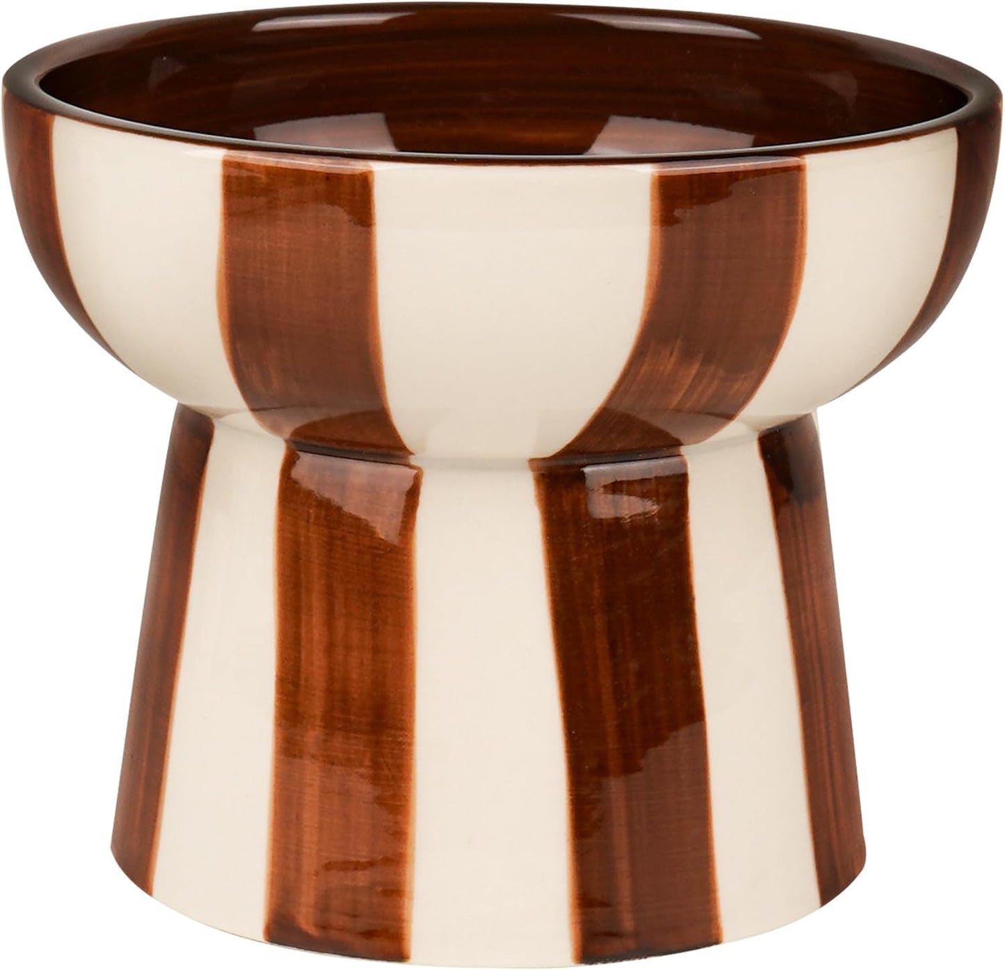 Raised Cat Bowl - Brown Striped Elevated Ceramic Food and Water Dish, Wide Shallow Design for Whisker Fatigue Relief, Dishwasher Safe
