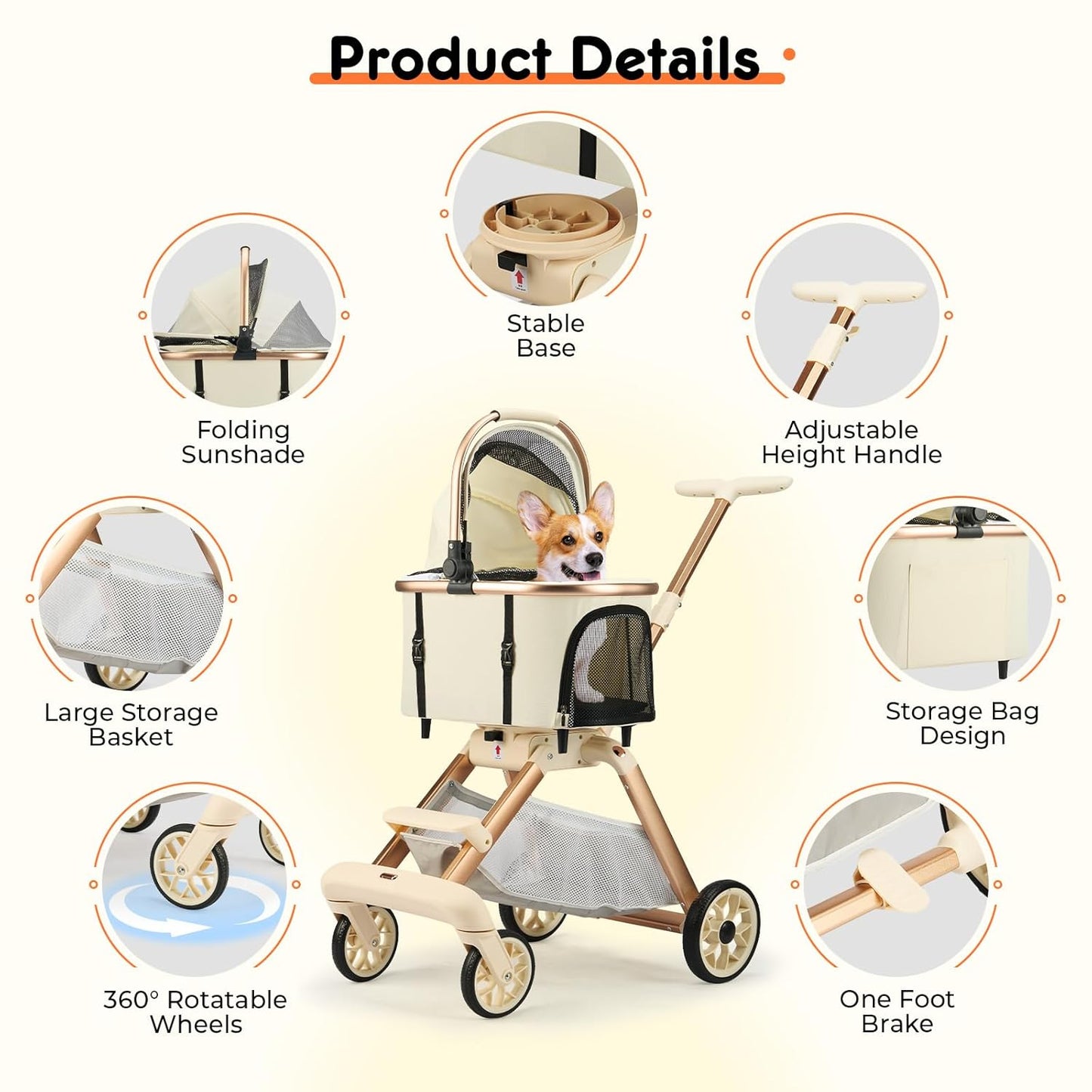 3-in-1 Foldable Pet Stroller for Medium Dogs Cats up to 50lbs, Adjustable Handle Detachable Carrier Car Seat, 5" Lockable All-Terrain Wheels, Large Storage Basket