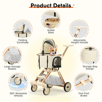 3-in-1 Foldable Pet Stroller for Medium Dogs Cats up to 50lbs, Adjustable Handle Detachable Carrier Car Seat, 5" Lockable All-Terrain Wheels, Large Storage Basket