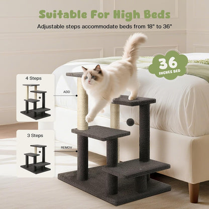 4-Step Pet Steps for Cats/Dogs, Cat Stairs with Sisal Scratching Post, Cat Steps for Older Cats with Enlarge Perch, Pet Stairs for High Bed and Couch, Gray
