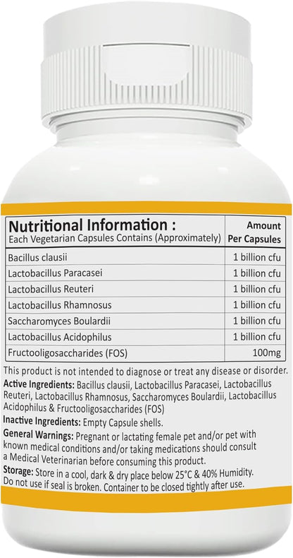 Pet Probiotic 6 Billion CFU for Pets | Daily Digestive Health Supplement, Cat and Dog | S.boulardii, L.Acidophillus, L. Returi, L.Paracasei, L Rhamnosus, B .Clausii