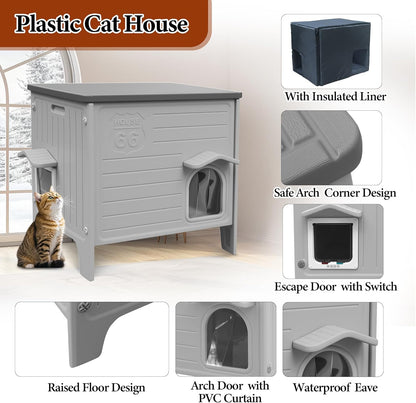 Deblue Insulated Cat House Outdoor Weatherpoof Plastic Cats Houses with Escape Door Indoor Waterproof Feral/Pet Cat Shelter Outside for Puppy, Rabbit for Winter (Grey)