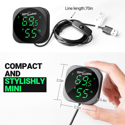 REPTI ZOO Thermometer Hygrometer, LED Digital Thermo Hygrometer for Reptile Terrarium Pet Rearing Box, Reptile Tank Thermometer with 55.2" Cable USB Power Supply