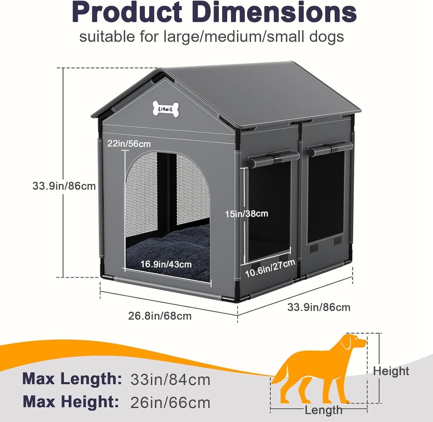 Extra Large Dog House Indoor with Plush Cushion, Dog Kennel for Inside with Sturdy Frame, Waterproof Pet House Suitable for Medium Large Dogs, 34x27x34in, Gray