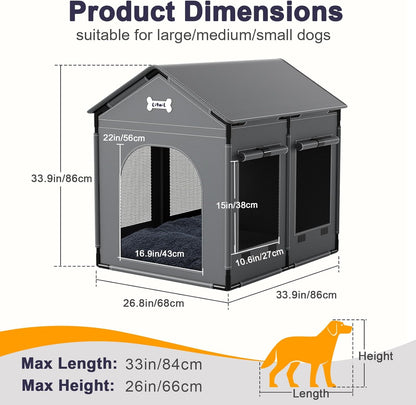 Extra Large Dog House Indoor with Plush Cushion, Dog Kennel for Inside with Sturdy Frame, Waterproof Pet House Suitable for Medium Large Dogs, 34x27x34in, Gray