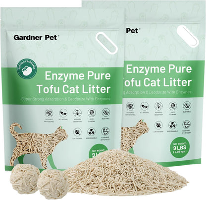 Gardner Pet Enzyme Tofu Cat Litter, Flushable Clumping Cat Litter, Low Dust, Odor Control, Plant-Based Natural Kitten Litter with Fast Absorption & Low Tracking (9LBS*2)