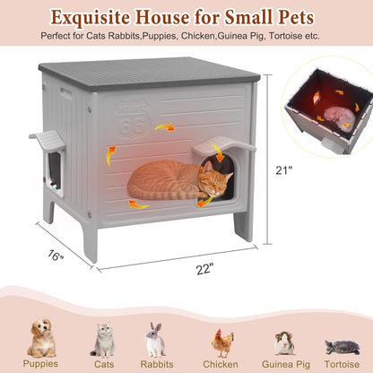 Deblue Insulated Cat House Outdoor Weatherpoof Plastic Cats Houses with Escape Door Indoor Waterproof Feral/Pet Cat Shelter Outside for Puppy, Rabbit for Winter (Grey)