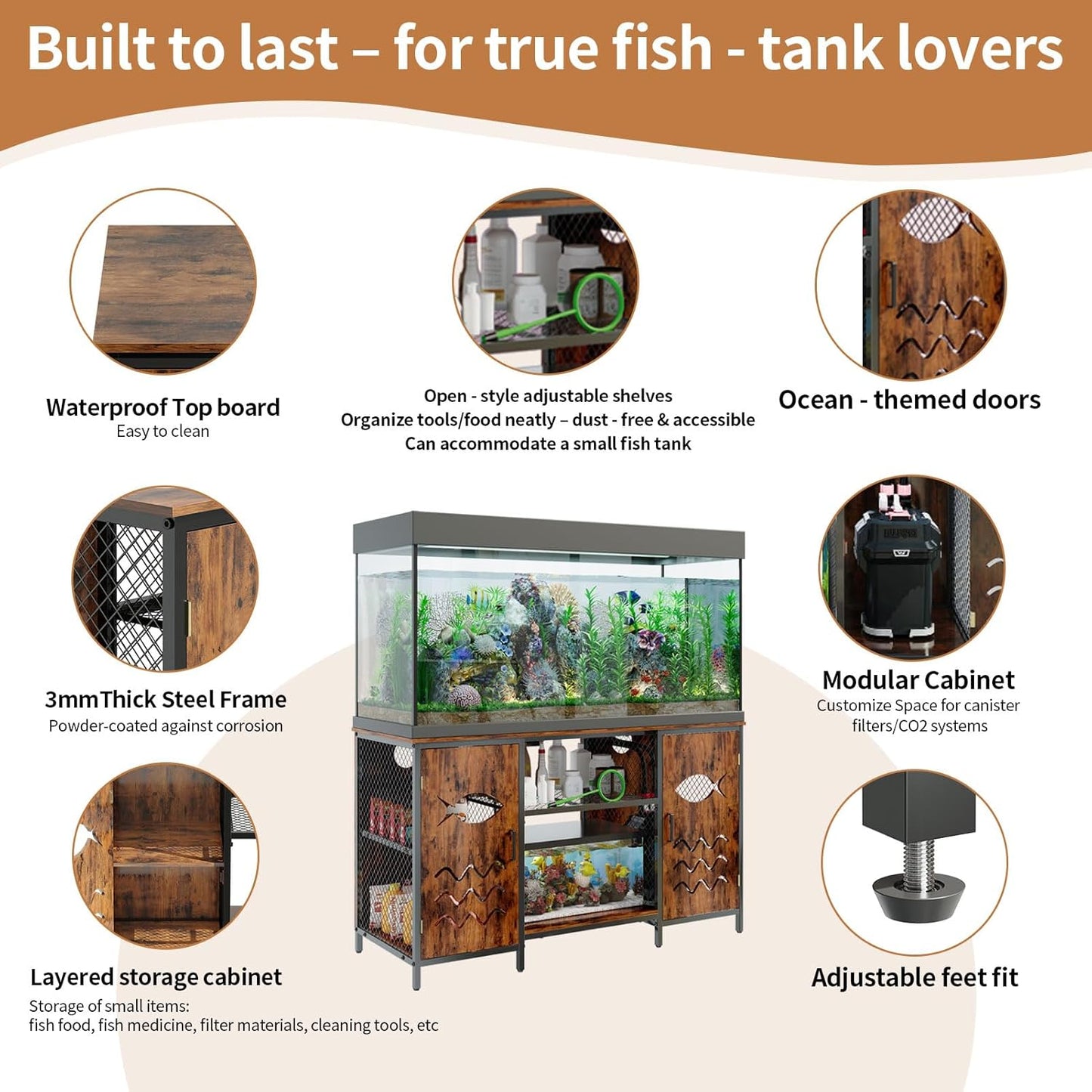 55-75 Gallon Fish Tank Stand with Power Outlet, Rustic Wood Aquarium Table with Cabinet and Shelf, Heavy Duty Metal Rack for Turtle Tank, Reptile Terrarium, 1000LBS Capacity, Brown