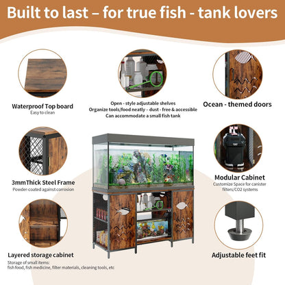 55-75 Gallon Fish Tank Stand with Power Outlet, Rustic Wood Aquarium Table with Cabinet and Shelf, Heavy Duty Metal Rack for Turtle Tank, Reptile Terrarium, 1000LBS Capacity, Brown
