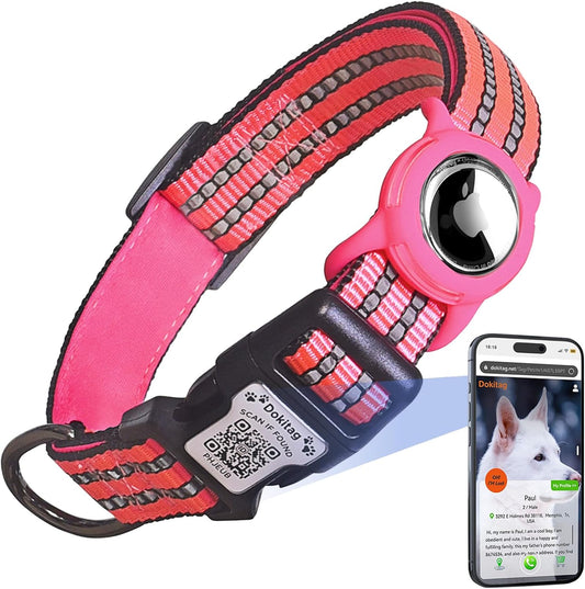 Reflective Dog Collar with Apple AirTag Holder & QR Code Pet ID Tag,Soft Nylon Adjustable Dog Tracker Collar with Safety Lock for Large Dogs(Rose Red, L)
